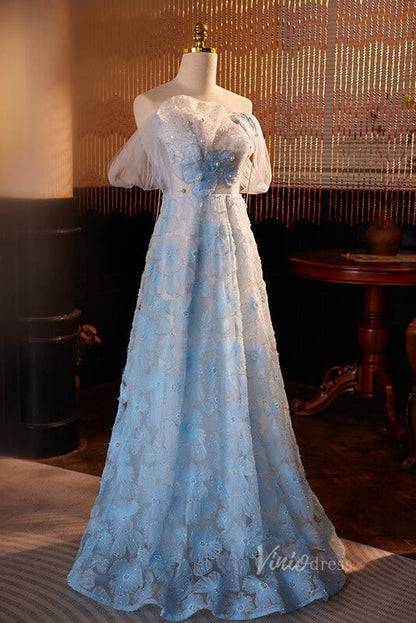 Elegant Beaded Floral Prom Dresses Off the Shoulder Evening Dress AD1056-prom dresses 2025 -Viniodress-Light Blue-Custom Size-