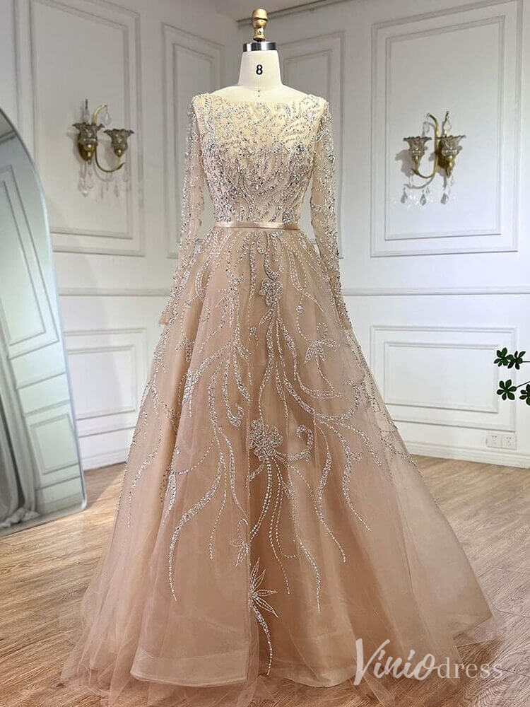 Elegant Beaded Lace Prom Dresses Long Sleeve Boat Neck Pageant Dress AD1235-Evening Dresses 2025 -Viniodress-Champagne-US 2-