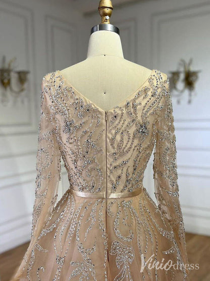 Elegant Beaded Lace Prom Dresses Long Sleeve Boat Neck Pageant Dress AD1235-Evening Dresses 2025 -Viniodress-Grey-US 2-