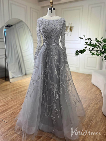 Elegant Beaded Lace Prom Dresses Long Sleeve Boat Neck Pageant Dress AD1235-Evening Dresses 2025 -Viniodress-Grey-US 2-