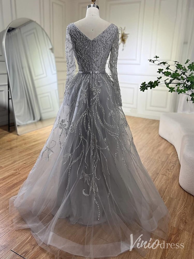 Elegant Beaded Lace Prom Dresses Long Sleeve Boat Neck Pageant Dress AD1235-Evening Dresses 2025 -Viniodress-Grey-US 2-