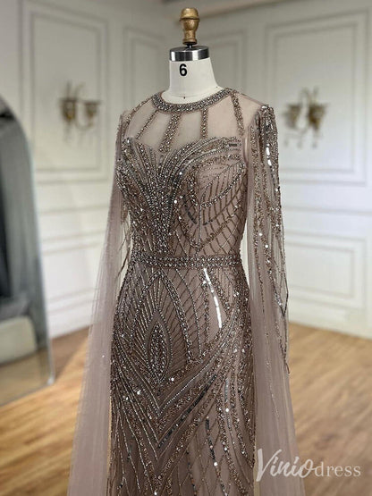 Elegant Beaded Lace Sheath Prom Dresses Extra Long Sleeve Pageant Dress 20213-Evening Dresses 2025 -Viniodress-Mauve-US 2-