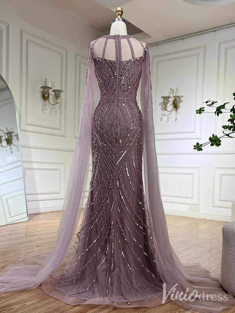 Elegant Beaded Lace Sheath Prom Dresses Extra Long Sleeve Pageant Dress 20213-Evening Dresses 2025 -Viniodress-Mauve-US 2-