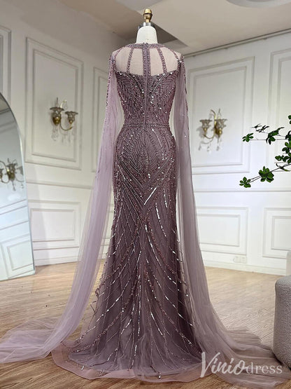 Elegant Beaded Lace Sheath Prom Dresses Extra Long Sleeve Pageant Dress 20213-Evening Dresses 2025 -Viniodress-Mauve-US 2-