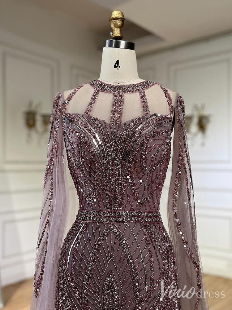 Elegant Beaded Lace Sheath Prom Dresses Extra Long Sleeve Pageant Dress 20213-Evening Dresses 2025 -Viniodress-Mauve-US 2-