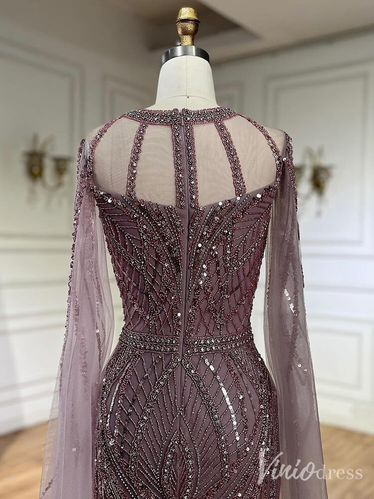 Elegant Beaded Lace Sheath Prom Dresses Extra Long Sleeve Pageant Dress 20213-Evening Dresses 2025 -Viniodress-Mauve-US 2-