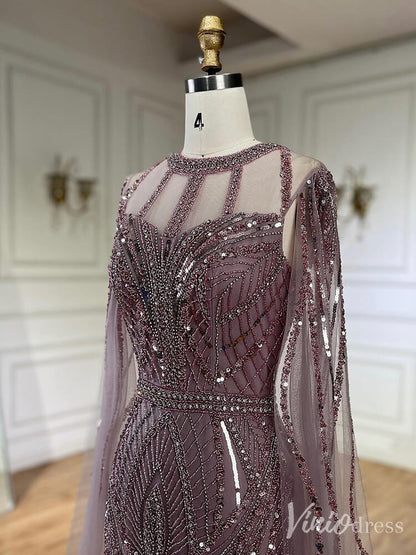 Elegant Beaded Lace Sheath Prom Dresses Extra Long Sleeve Pageant Dress 20213-Evening Dresses 2025 -Viniodress-Mauve-US 2-