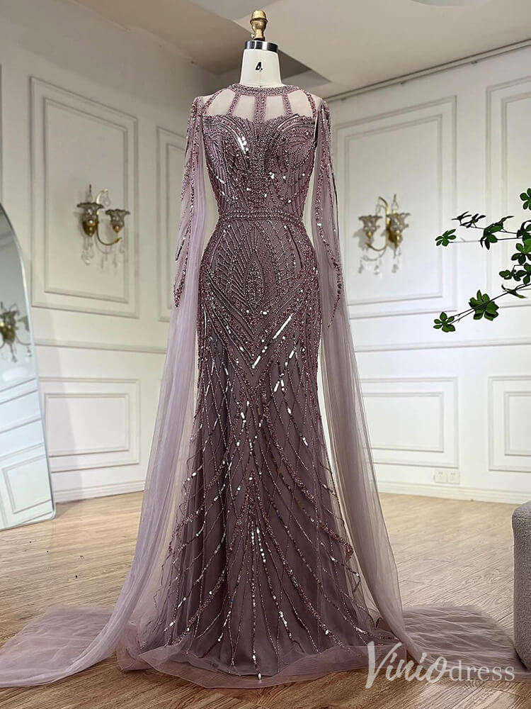Elegant Beaded Lace Sheath Prom Dresses Extra Long Sleeve Pageant Dress 20213-Evening Dresses 2025 -Viniodress-Mauve-US 2-