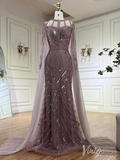 Elegant Beaded Lace Sheath Prom Dresses Extra Long Sleeve Pageant Dress 20213-Evening Dresses 2025 -Viniodress-Mauve-US 2-