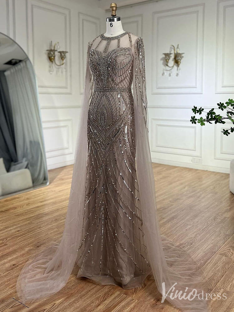 Elegant Beaded Lace Sheath Prom Dresses Extra Long Sleeve Pageant Dress 20213 - ViniodressEvening DressesKhakiUS 2 - Formal Dresses - Ball Gowns