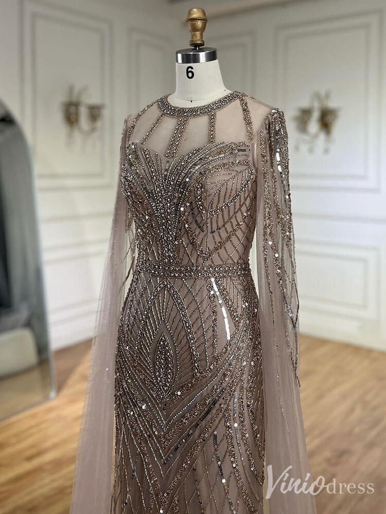 Elegant Beaded Lace Sheath Prom Dresses Extra Long Sleeve Pageant Dress 20213 - ViniodressEvening DressesKhakiUS 2 - Formal Dresses - Ball Gowns