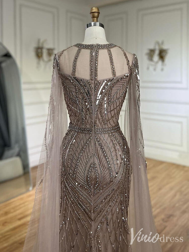 Elegant Beaded Lace Sheath Prom Dresses Extra Long Sleeve Pageant Dress 20213 - ViniodressEvening DressesKhakiUS 2 - Formal Dresses - Ball Gowns