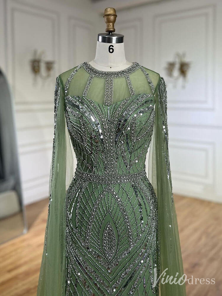 Elegant Beaded Lace Sheath Prom Dresses Extra Long Sleeve Pageant Dress 20213 - ViniodressEvening DressesGreenUS 2 - Formal Dresses - Ball Gowns