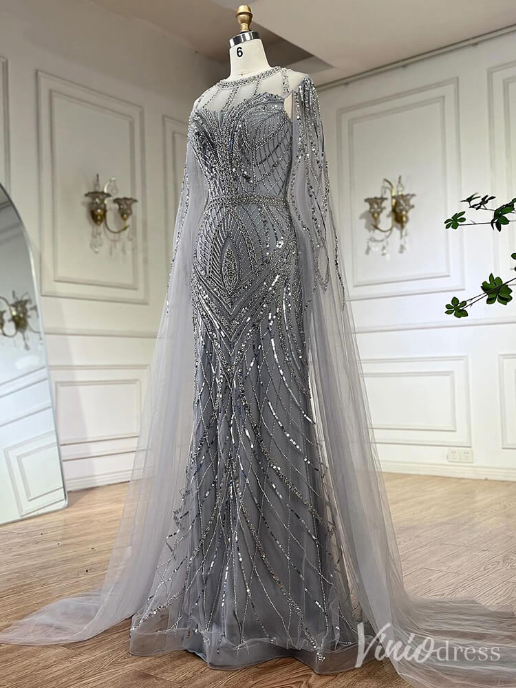 Elegant Beaded Lace Sheath Prom Dresses Extra Long Sleeve Pageant Dress 20213 - ViniodressEvening DressesGreyUS 2 - Formal Dresses - Ball Gowns