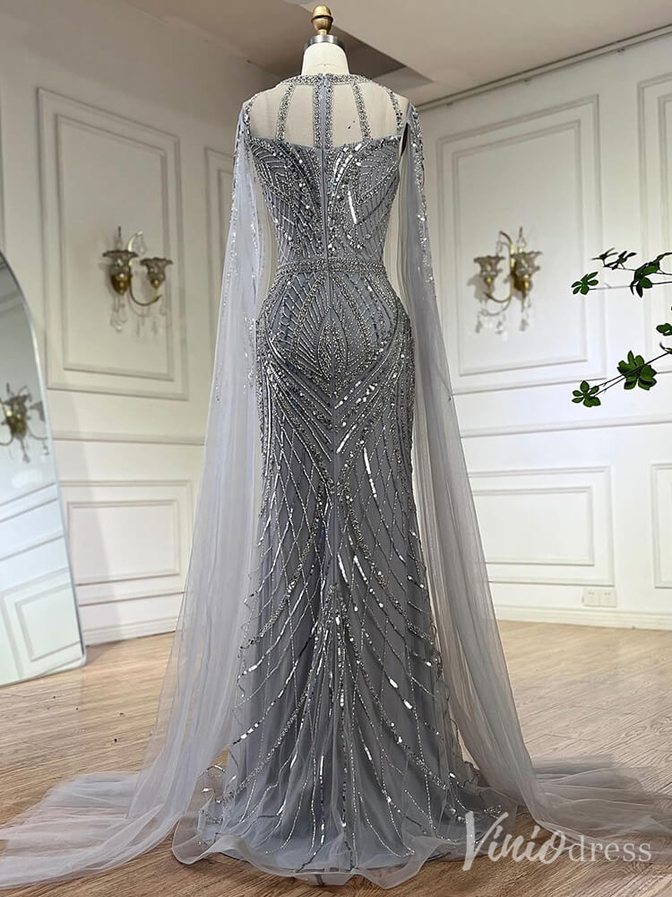 Elegant Beaded Lace Sheath Prom Dresses Extra Long Sleeve Pageant Dress 20213 - ViniodressEvening DressesGreyUS 2 - Formal Dresses - Ball Gowns