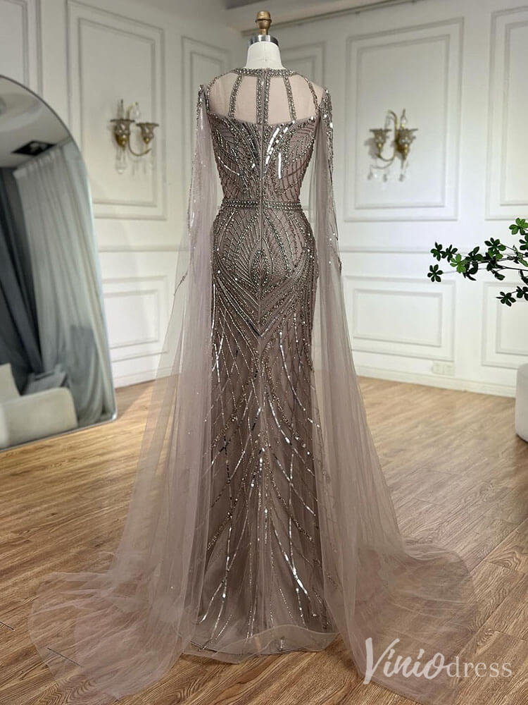 Elegant Beaded Lace Sheath Prom Dresses Extra Long Sleeve Pageant Dress 20213 - ViniodressEvening DressesKhakiUS 2 - Formal Dresses - Ball Gowns