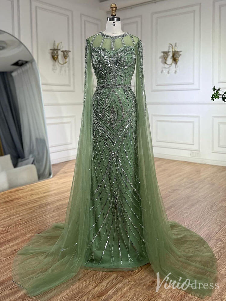 Elegant Beaded Lace Sheath Prom Dresses Extra Long Sleeve Pageant Dress 20213-prom dresses-Viniodress-Green-US 2-Viniodress