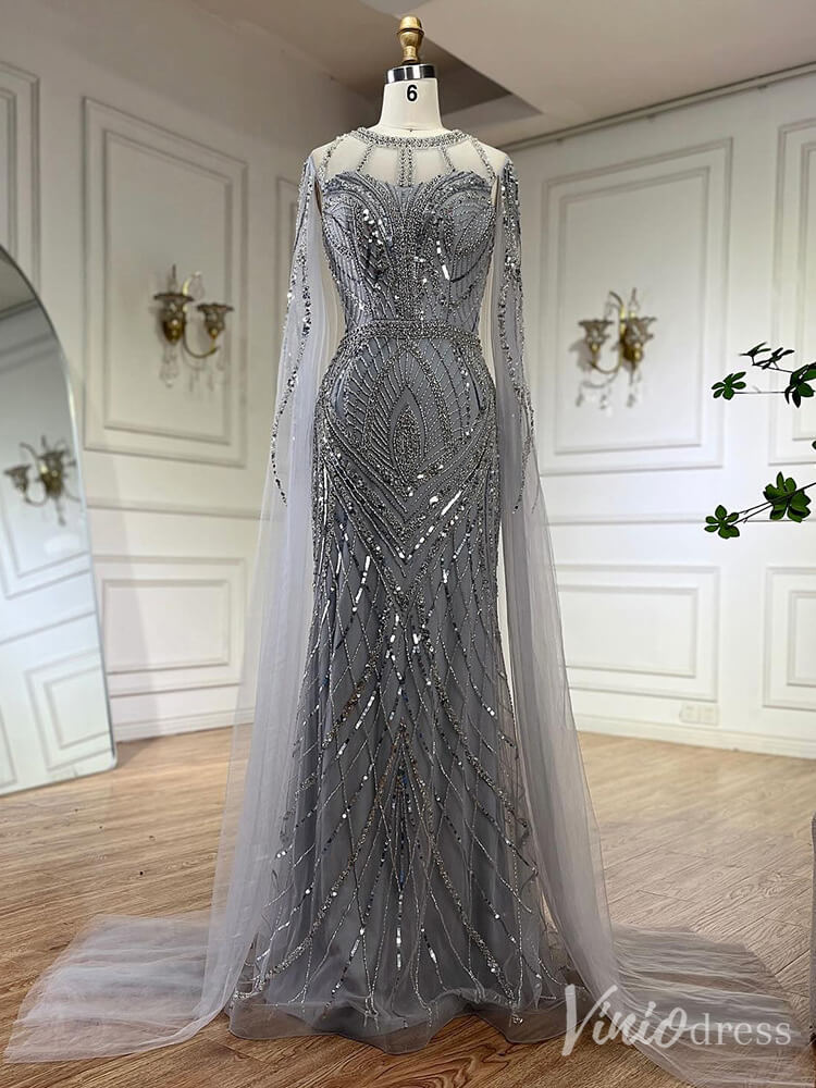 Elegant Beaded Lace Sheath Prom Dresses Extra Long Sleeve Pageant Dress 20213-prom dresses-Viniodress-Grey-US 2-Viniodress