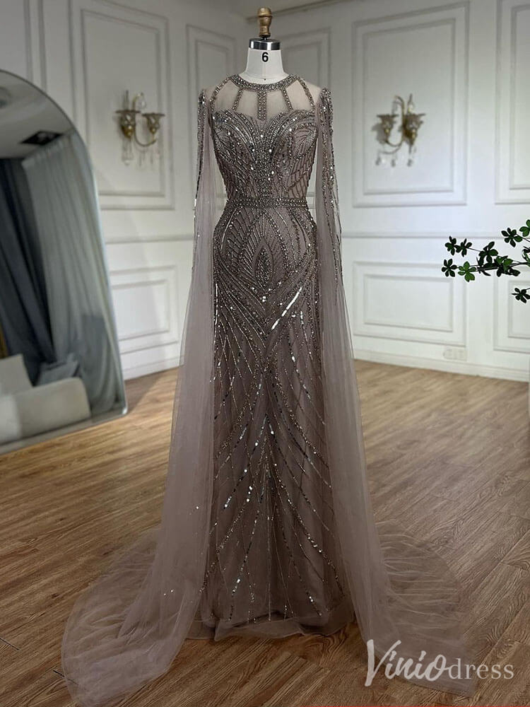 Elegant Beaded Lace Sheath Prom Dresses Extra Long Sleeve Pageant Dress 20213-prom dresses-Viniodress-Khaki-US 2-Viniodress