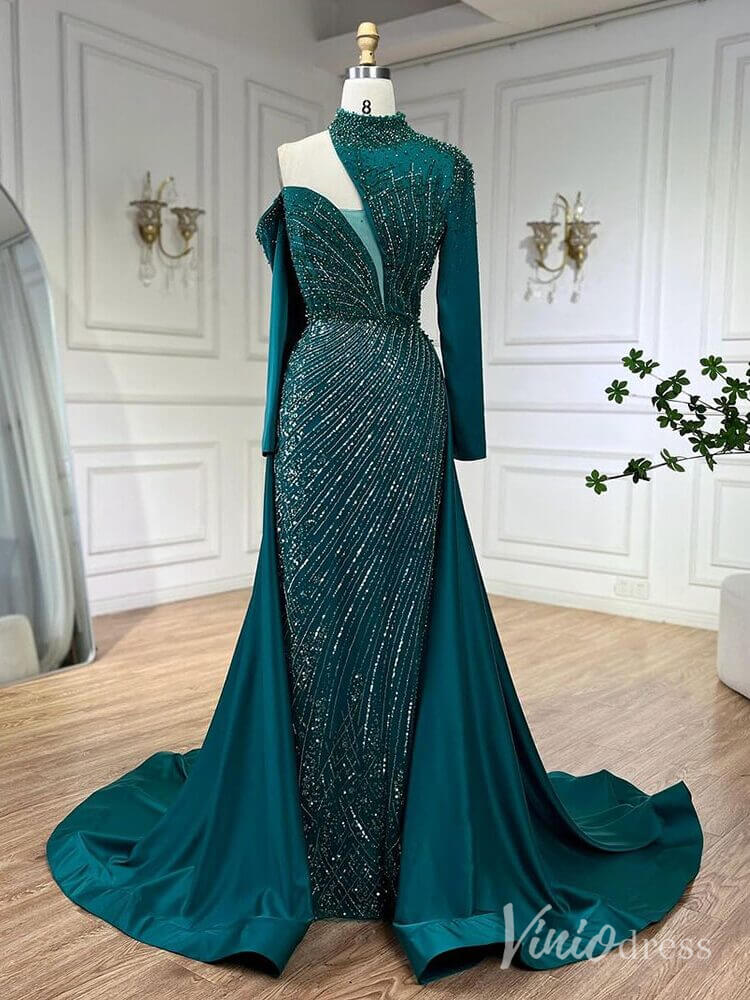 Elegant Beaded Mermaid Prom Dresses with Overskirt Long Sleeve Pageant Dress AD1238-Evening Dresses 2025 -Viniodress-Green-US 2-