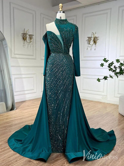 Elegant Beaded Mermaid Prom Dresses with Overskirt Long Sleeve Pageant Dress AD1238-Evening Dresses 2025 -Viniodress-Green-US 2-