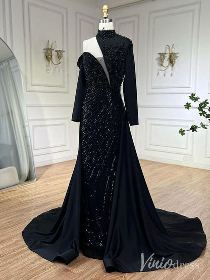 Elegant Beaded Mermaid Prom Dresses with Overskirt Long Sleeve Pageant Dress AD1238-Evening Dresses 2025 -Viniodress-Magenta-US 2-