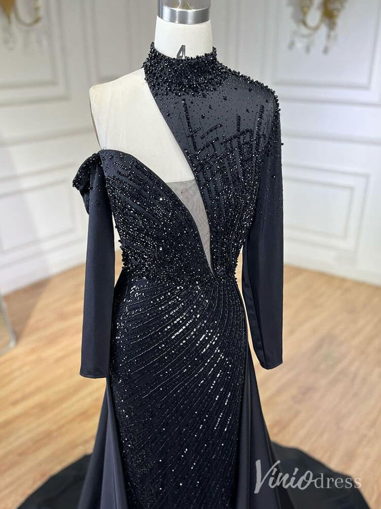 Elegant Beaded Mermaid Prom Dresses with Overskirt Long Sleeve Pageant Dress AD1238-Evening Dresses 2025 -Viniodress-Magenta-US 2-