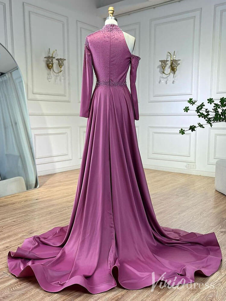 Elegant Beaded Mermaid Prom Dresses with Overskirt Long Sleeve Pageant Dress AD1238-Evening Dresses 2025 -Viniodress-Magenta-US 2-