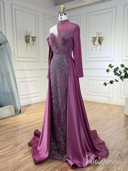 Elegant Beaded Mermaid Prom Dresses with Overskirt Long Sleeve Pageant Dress AD1238-Evening Dresses 2025 -Viniodress-Magenta-US 2-
