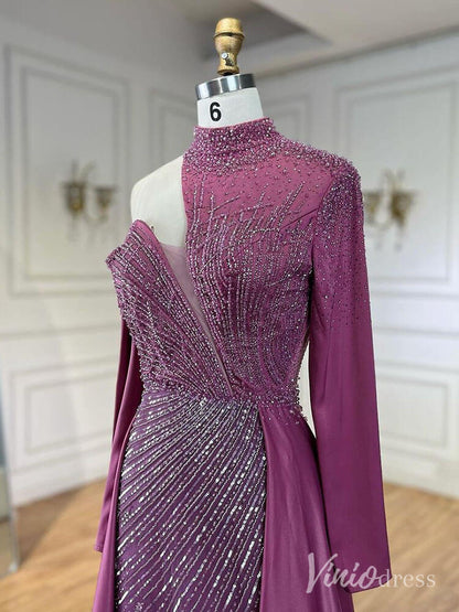 Elegant Beaded Mermaid Prom Dresses with Overskirt Long Sleeve Pageant Dress AD1238-Evening Dresses 2025 -Viniodress-Magenta-US 2-