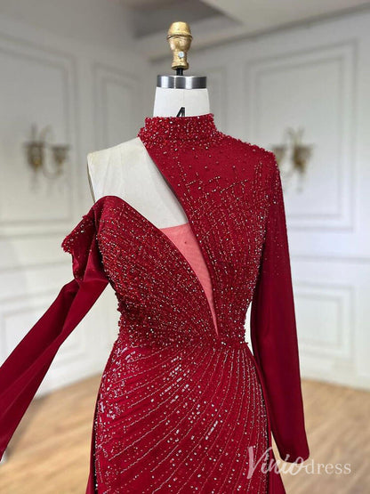 Elegant Beaded Mermaid Prom Dresses with Overskirt Long Sleeve Pageant Dress AD1238-Evening Dresses 2025 -Viniodress-Magenta-US 2-