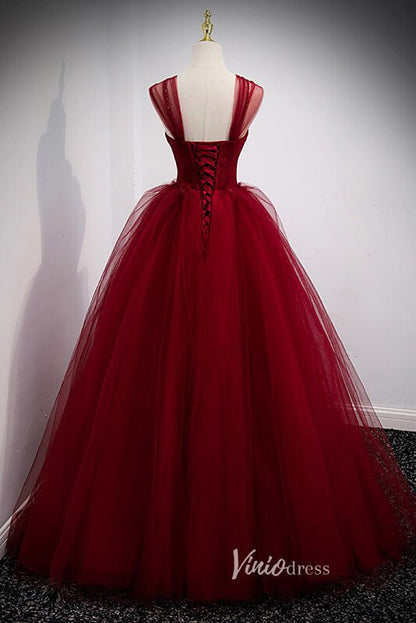 Elegant Beaded Pleated Tulle Prom Dresses Off the Shoulder Formal Dress FD3099-prom dresses 2025 -Viniodress-Burgundy-Custom Size-