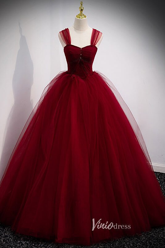 Elegant Beaded Pleated Tulle Prom Dresses Off the Shoulder Formal Dress FD3099-prom dresses 2025 -Viniodress-Burgundy-Custom Size-