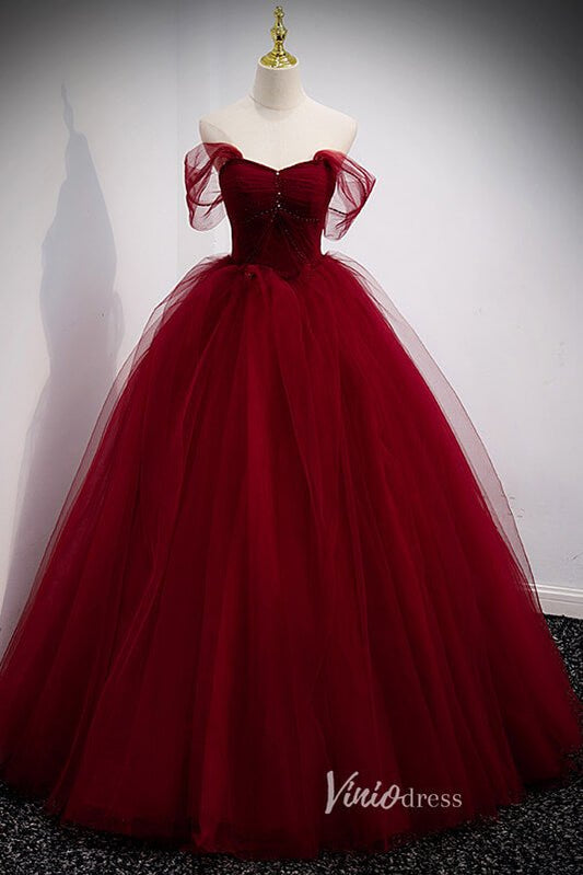 Elegant Beaded Pleated Tulle Prom Dresses Off the Shoulder Formal Dress FD3099-prom dresses 2025 -Viniodress-Burgundy-Custom Size-