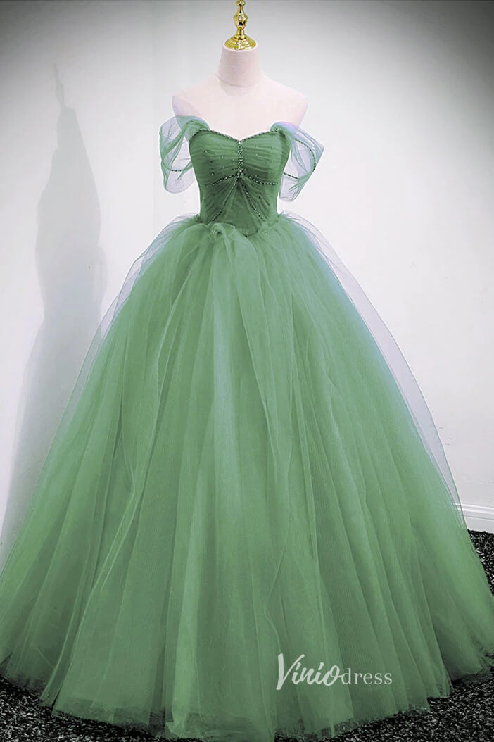 Elegant Beaded Pleated Tulle Prom Dresses Off the Shoulder Formal Dress FD3099-prom dresses-Viniodress-Light Green-Custom Size-Viniodress