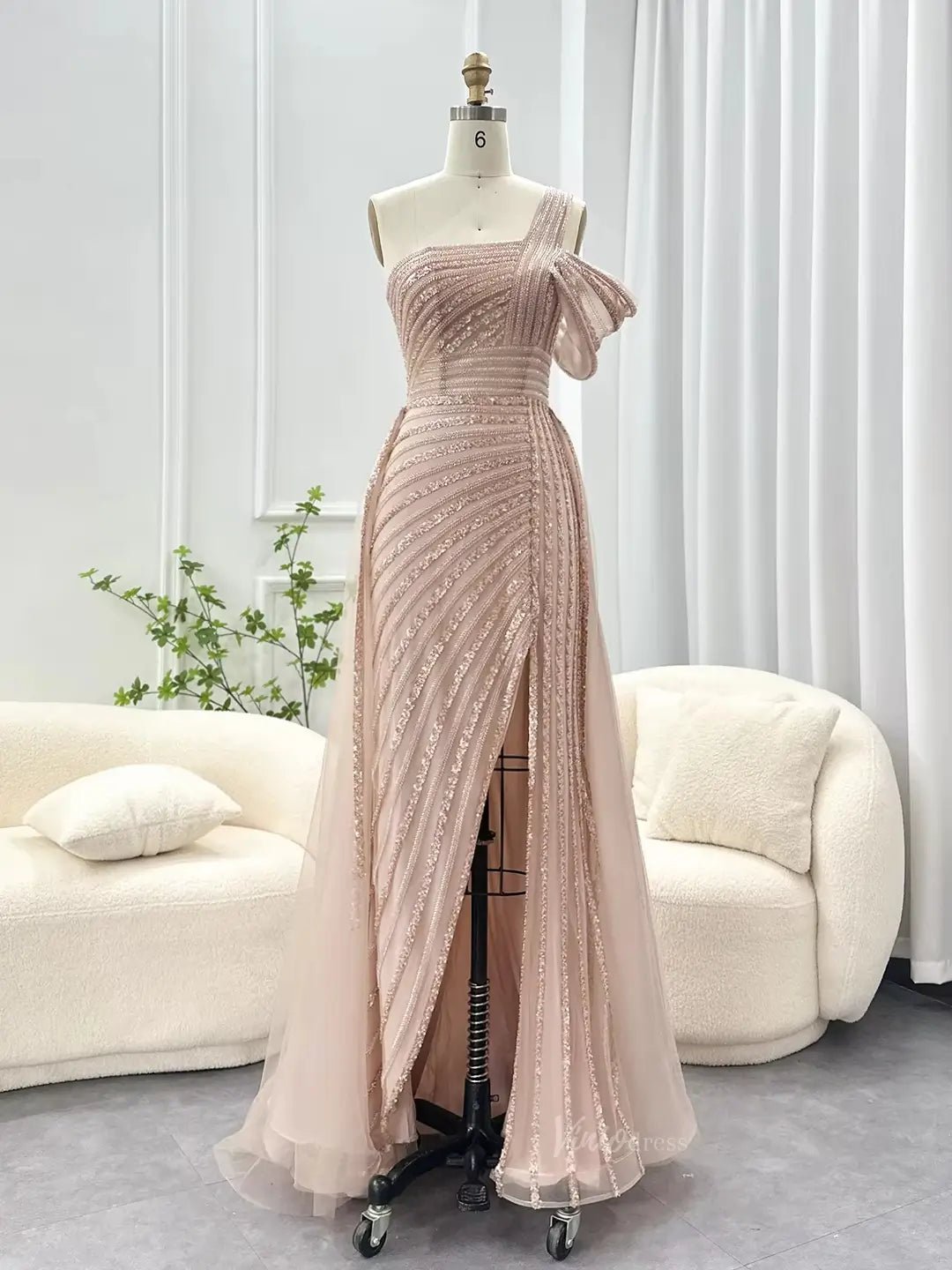 Elegant Beaded Prom Dresses One Shoulder Luxury 20s Formal Dress with Slit S20234-Evening Dresses 2025 -Viniodress-Blush Pink-US 2-
