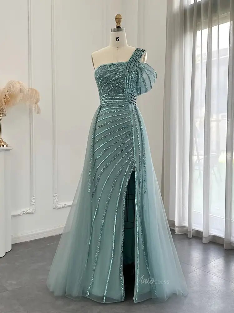 Elegant Beaded Prom Dresses One Shoulder Luxury 20s Formal Dress with Slit S20234-Evening Dresses 2025 -Viniodress-Green-US 2-