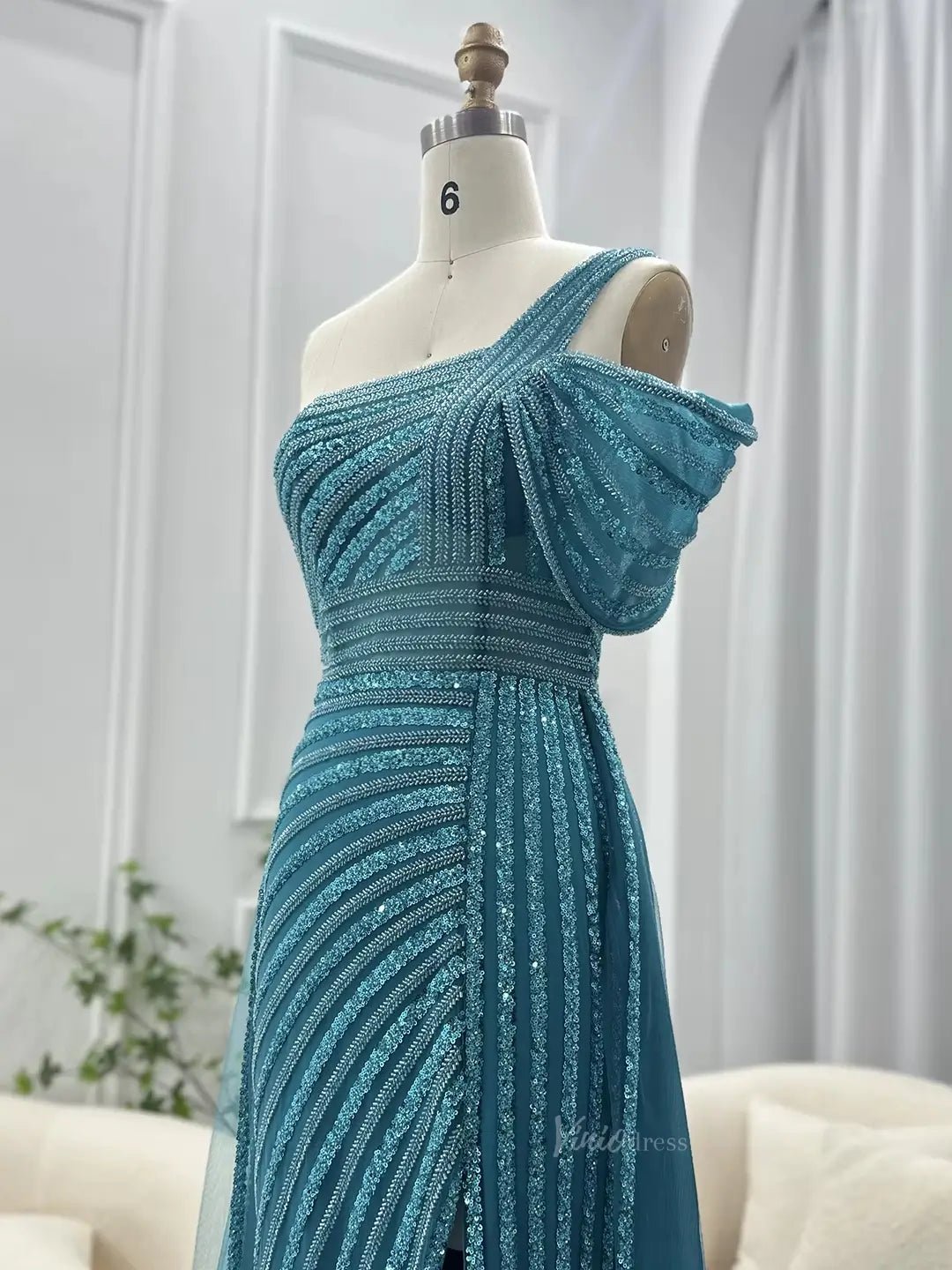 Elegant Beaded Prom Dresses One Shoulder Luxury 20s Formal Dress with Slit S20234-Evening Dresses 2025 -Viniodress-Light Green-US 2-