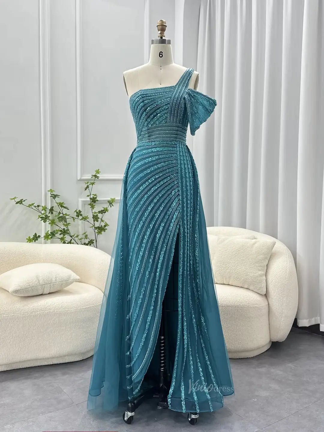 Elegant Beaded Prom Dresses One Shoulder Luxury 20s Formal Dress with Slit S20234-Evening Dresses 2025 -Viniodress-Teal-US 2-