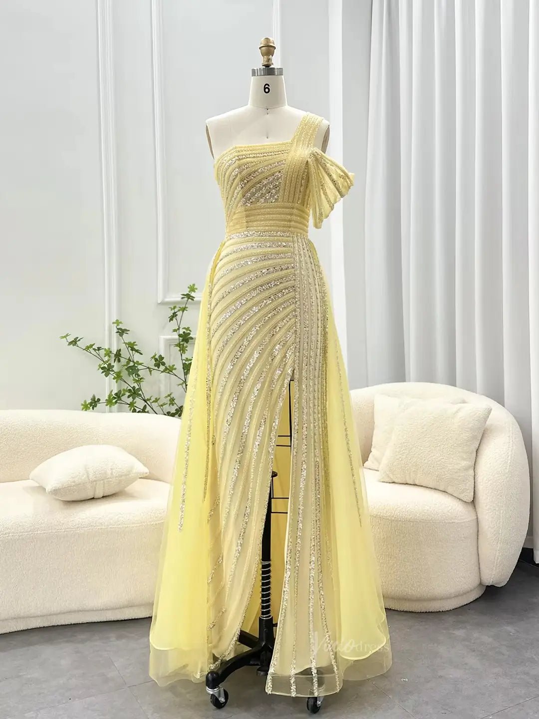 Elegant Beaded Prom Dresses One Shoulder Luxury 20s Formal Dress with Slit S20234-Evening Dresses 2025 -Viniodress-Yellow-US 2-