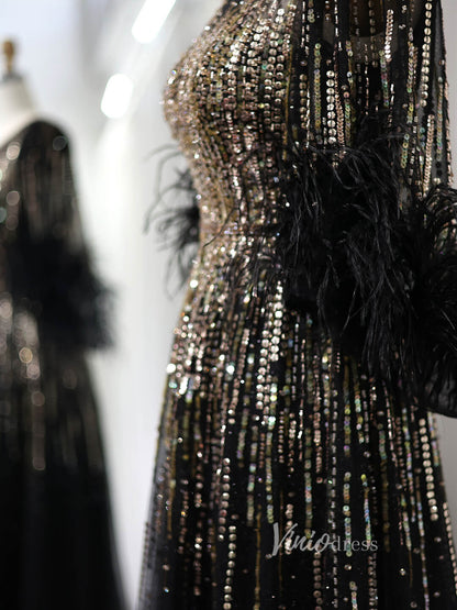 Elegant Beaded Sequin Prom Dresses Feather Half Sleeve Mother of the Bride Dress AD1169-Evening Dresses 2025 -Viniodress-Black-US 2-