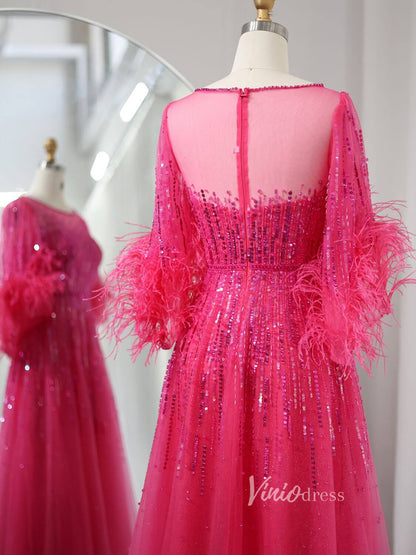 Elegant Beaded Sequin Prom Dresses Feather Half Sleeve Mother of the Bride Dress AD1169-Evening Dresses 2025 -Viniodress-Black-US 2-