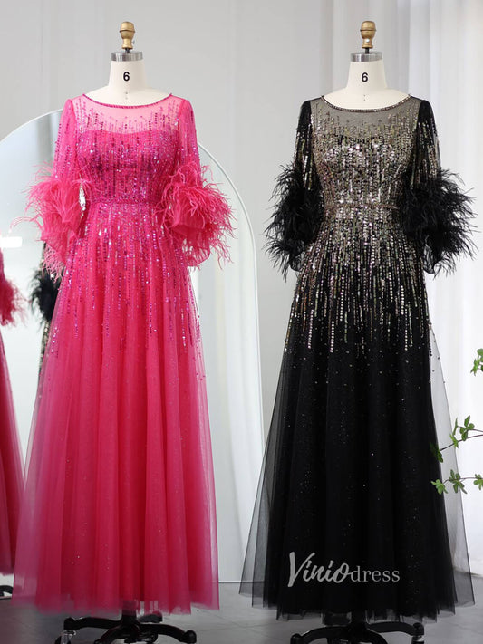 Elegant Beaded Sequin Prom Dresses Feather Half Sleeve Mother of the Bride Dress AD1169-Evening Dresses 2025 -Viniodress-Black-US 2-