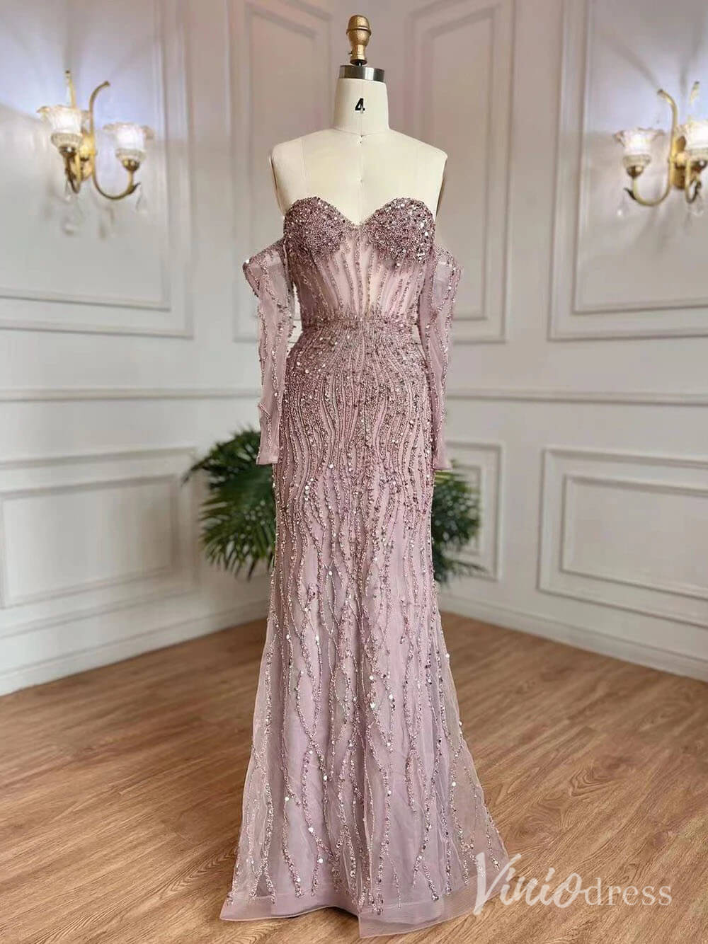 Elegant Beaded Sheath Prom Dresses Spaghetti Strap Long Sleeve Pageant Dress AD1237-Evening Dresses 2025 -Viniodress-Dusty Rose-US 2-