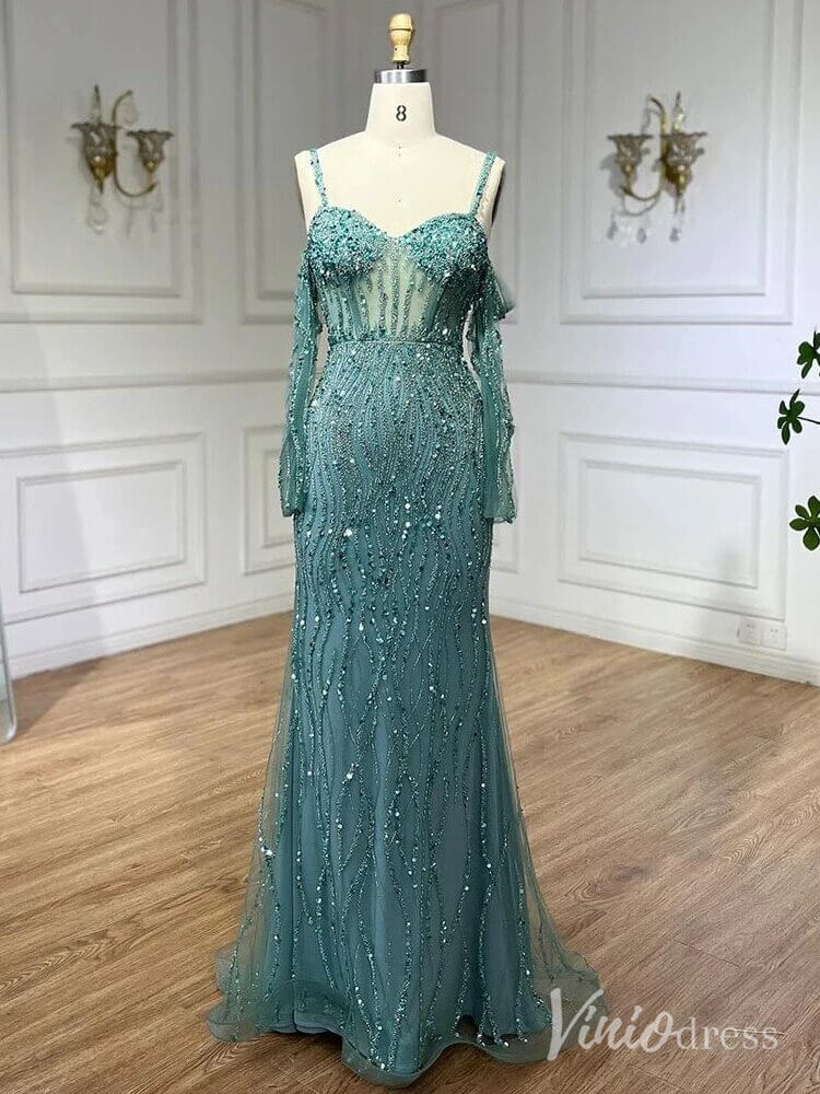 Elegant Beaded Sheath Prom Dresses Spaghetti Strap Long Sleeve Pageant Dress AD1237-Evening Dresses 2025 -Viniodress-Green-US 2-