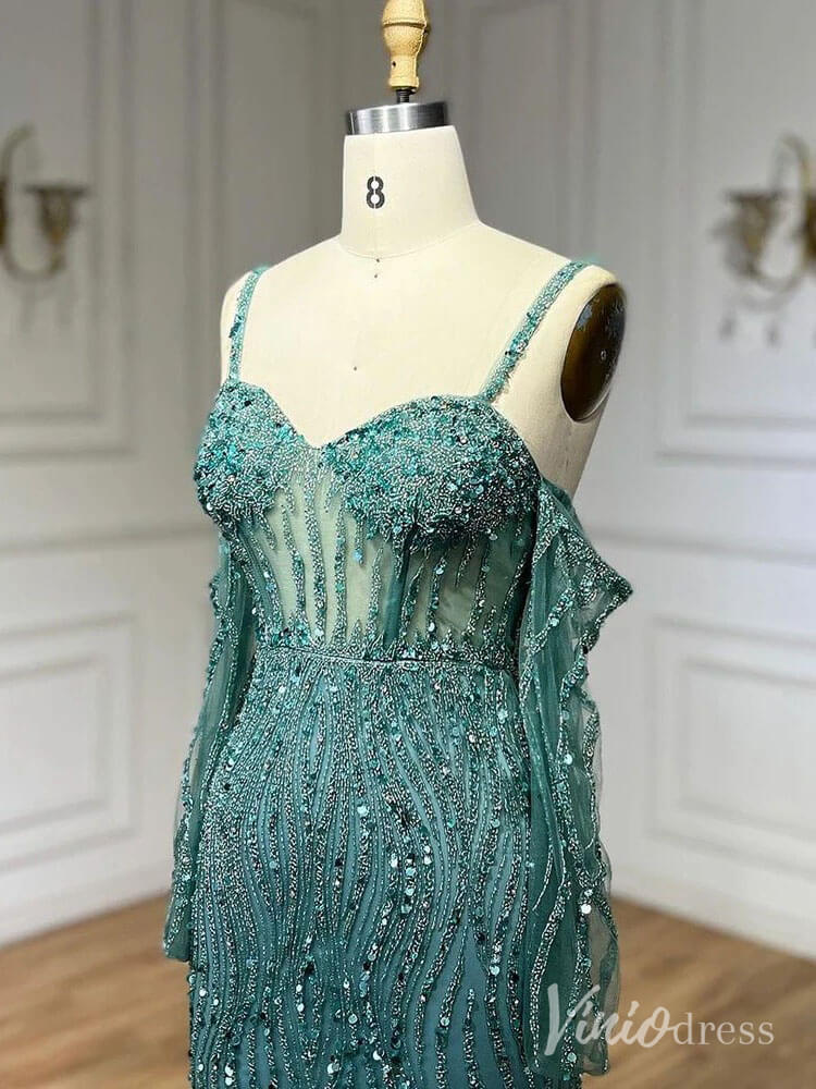 Elegant Beaded Sheath Prom Dresses Spaghetti Strap Long Sleeve Pageant Dress AD1237-Evening Dresses 2025 -Viniodress-Grey-US 2-