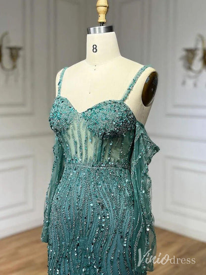 Elegant Beaded Sheath Prom Dresses Spaghetti Strap Long Sleeve Pageant Dress AD1237-Evening Dresses 2025 -Viniodress-Grey-US 2-