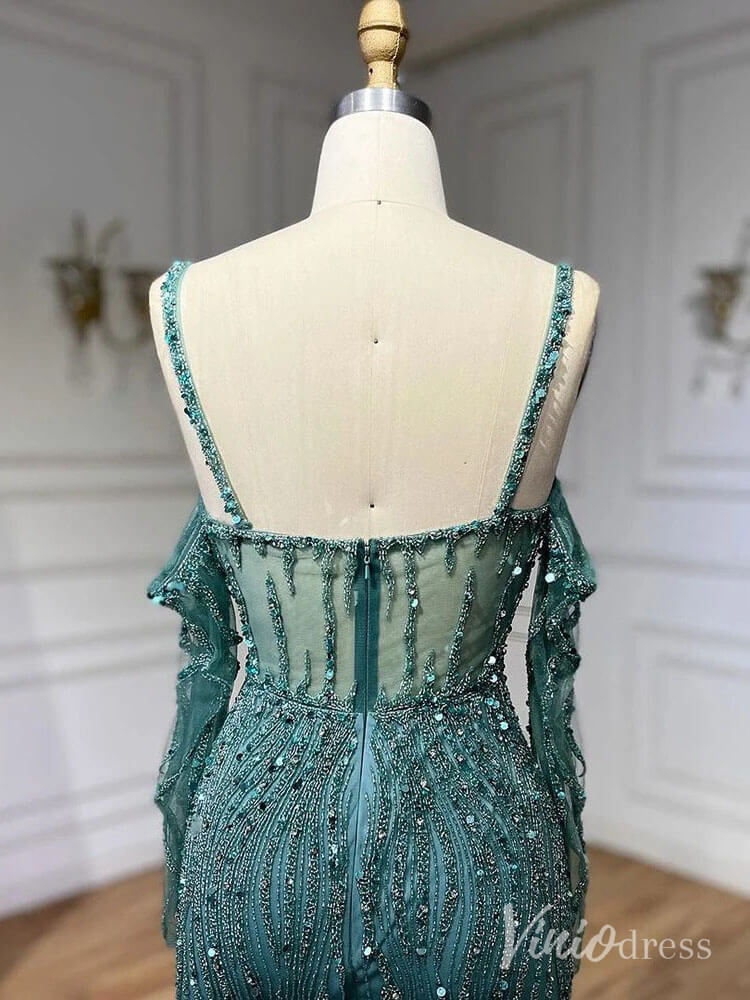 Elegant Beaded Sheath Prom Dresses Spaghetti Strap Long Sleeve Pageant Dress AD1237-Evening Dresses 2025 -Viniodress-Grey-US 2-