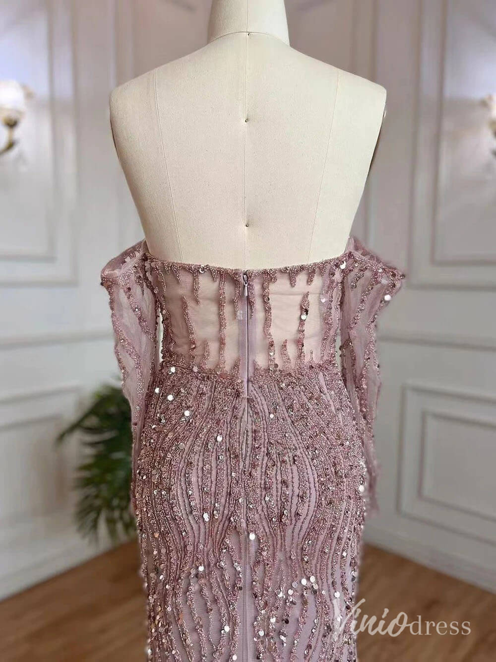 Elegant Beaded Sheath Prom Dresses Spaghetti Strap Long Sleeve Pageant Dress AD1237-Evening Dresses 2025 -Viniodress-Grey-US 2-