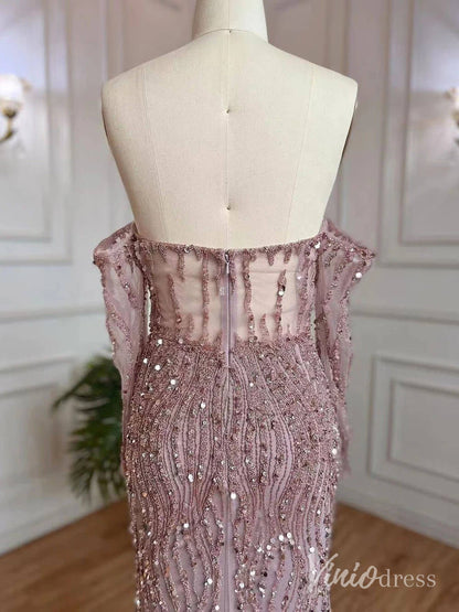 Elegant Beaded Sheath Prom Dresses Spaghetti Strap Long Sleeve Pageant Dress AD1237-Evening Dresses 2025 -Viniodress-Grey-US 2-